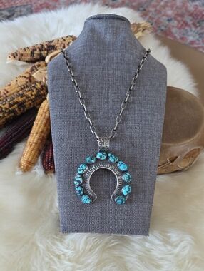 Fantastic Large Native American Turquoise Naja & Paperclip Chain Necklace 💙🩶📎